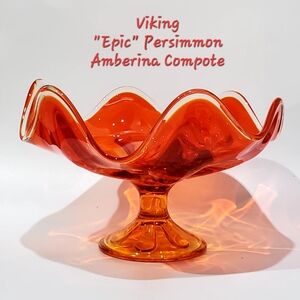 MCM Viking Epic 6 Petal 9 1/4" Amberina Persimmon Compote Pedestal Bowl GLOWS